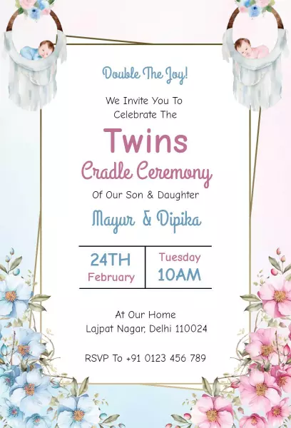 Twins Cradle Naming Ceremony Floral Celebration Invitation Template