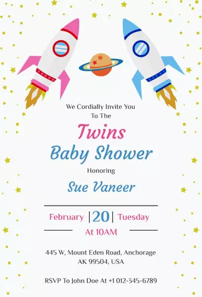 Twins Outer Space Adventure Baby Shower Invitation Template