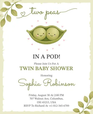 Two Peas in a Pod Twin Baby Shower Invitation Flyer Template