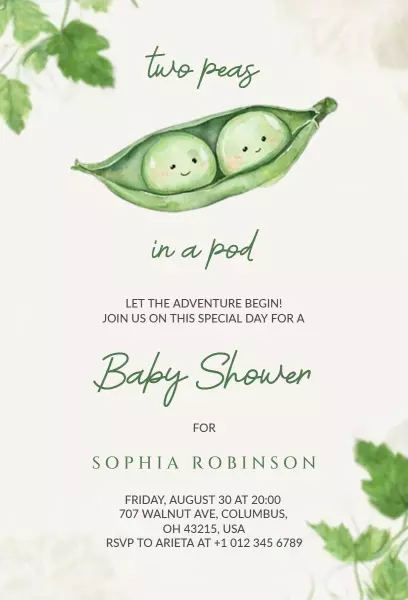 Two Peas in a Pod Whimsical Baby Shower Invitation Template