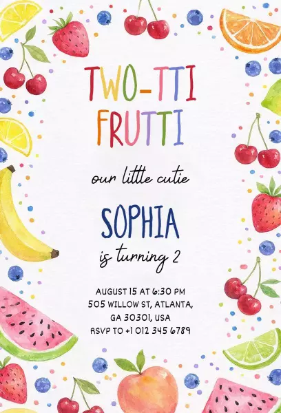Two-Ti Frutti Colorful 2nd Birthday Celebration Invitation Template