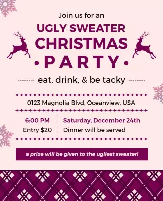 Festive Pink Ugly Sweater Christmas Party Flyer Template