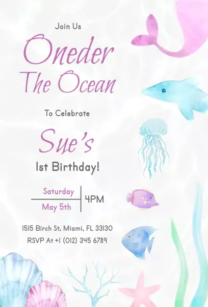 Under the Ocean Mermaid Theme 1st Birthday Invitation Template