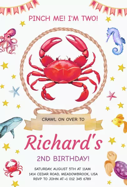 Under the Sea Crab Theme 2nd Birthday Celebration Invitation Template