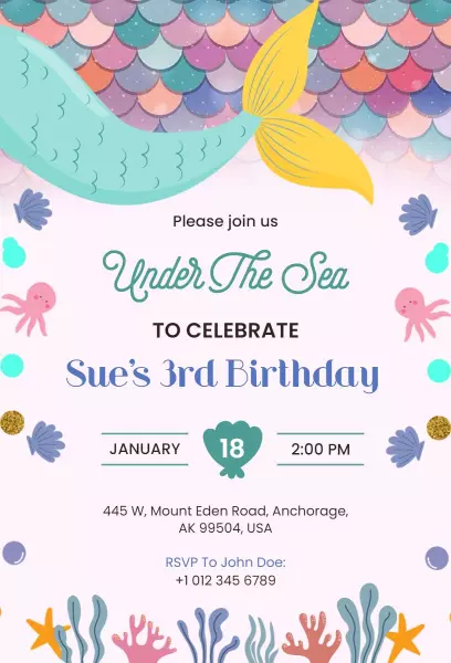 Under the Sea Mermaid Theme Birthday Celebration Invitation Template