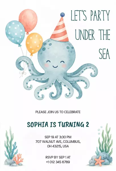 Under the Sea Octopus 2nd Birthday Celebration Invitation Template