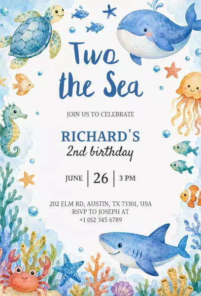 Under the Sea Themed 2nd Birthday Celebration Invitation Template