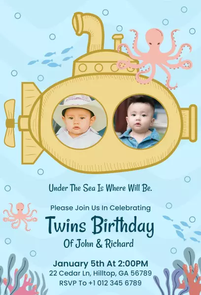 Under the Sea Twins Birthday Celebration Photo Invitation Template
