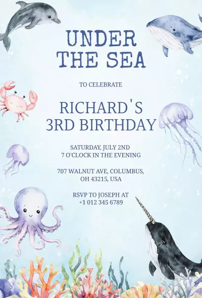 Under the Sea Whale Themed Birthday Celebration Invitation Template