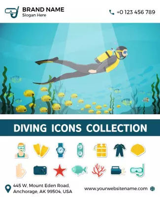 Underwater Adventure Diving Icons Collection Poster Template