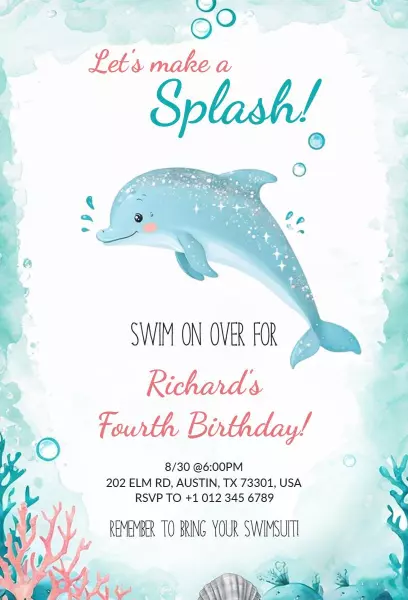 Underwater Dolphin Theme Fourth Birthday Celebration Invitation Template