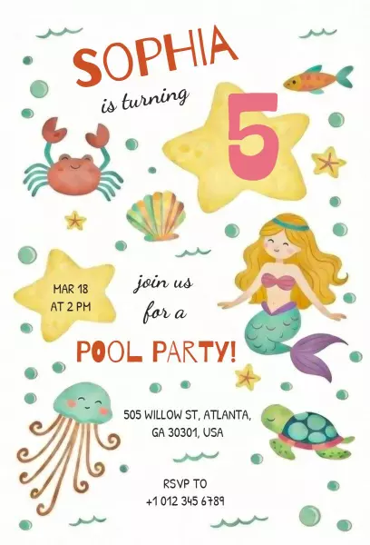 Underwater Mermaid Pool Party Birthday Invitation Template
