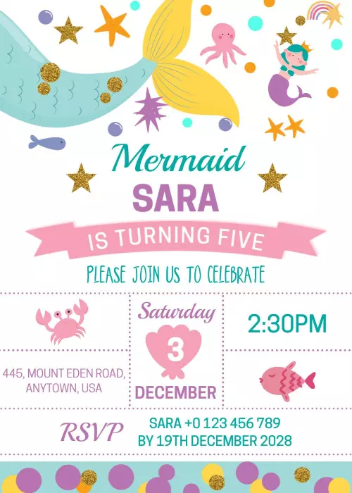 Underwater Mermaid Theme Birthday Celebration Invitation Template