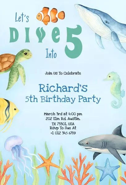 Underwater Ocean Adventure 5th Birthday Invitation Template