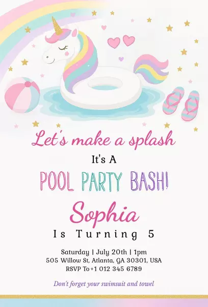 Unicorn-Themed Colorful Pool Party Bash Invitation Template