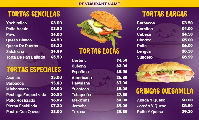 Unique Nortena and Texana Flavorful Tortas Menu Template