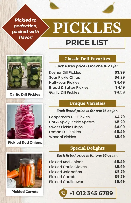 Unique Variety Pickle Price List Template