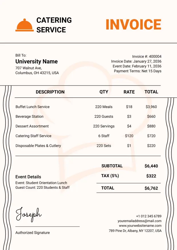 University Event Catering Services Billing with Charges Invoice Template