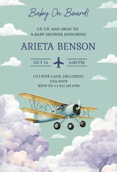 Up Up and Away Airplane Baby Shower Celebration Invitation Template