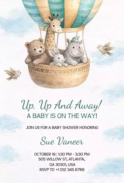 Up Up and Away Jungle Safari Baby Shower Invitation Template