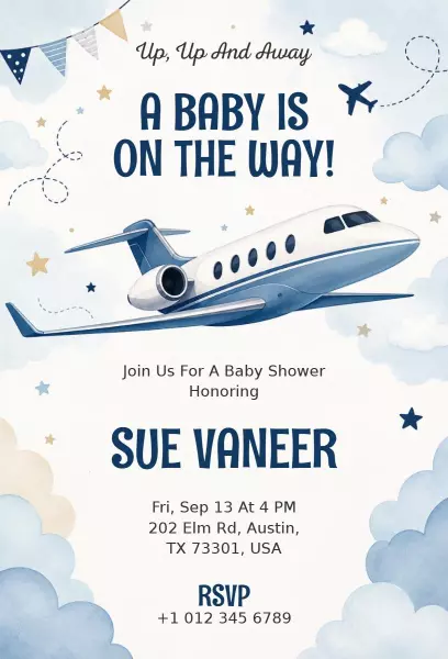 Up Up Away Aviation Baby Shower Celebration Invitation Template