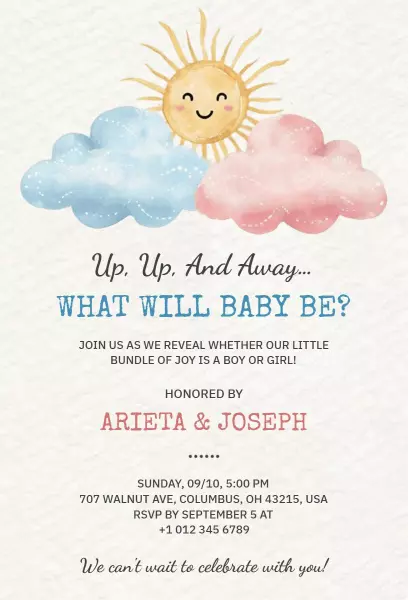 Up Up Away Fun Gender Reveal Celebration Invitation Template