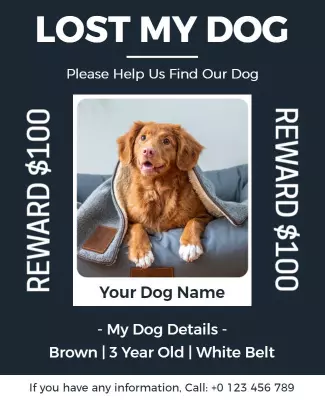 Urgent Announcement for Lost Dog with Reward Poster Template