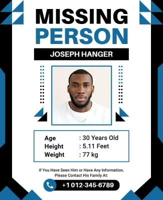 Urgent Black and Blue Missing Person Notification Poster Template