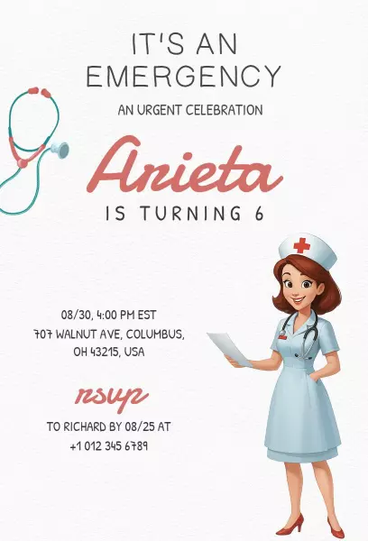 Urgent Celebration Nurse Theme Kids Birthday Invitation Template
