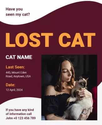 Urgent Lost Cat Alert with Contact Information Poster Template