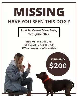Urgent Missing Dog Reward Announcement Poster Template