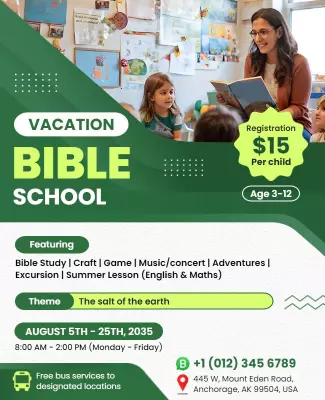 Engaging Green Vacation Bible School Summer Program Flyer Template