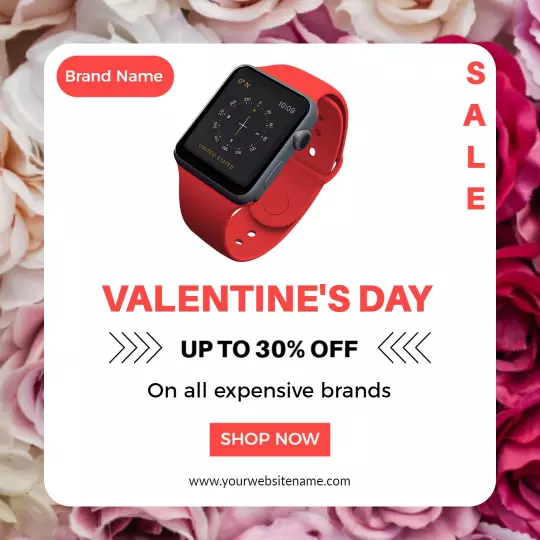 Valentine's Day Sale on Red Watch with Floral Background Ad Template