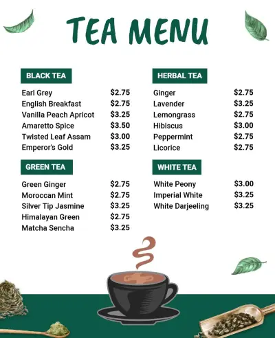 Variety of Herbal and Black Tea Selections and Flavors Tea Menu Template