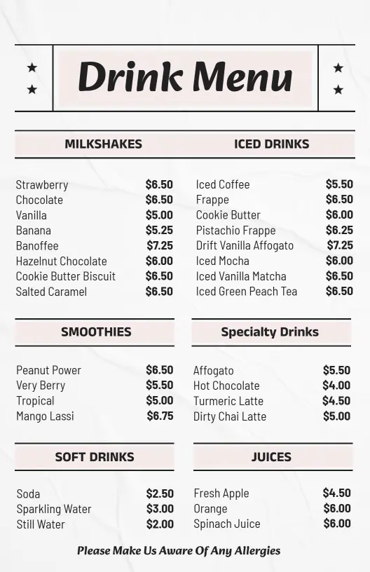 Variety of Soft Drinks and Fresh Juices Drink Menu Template