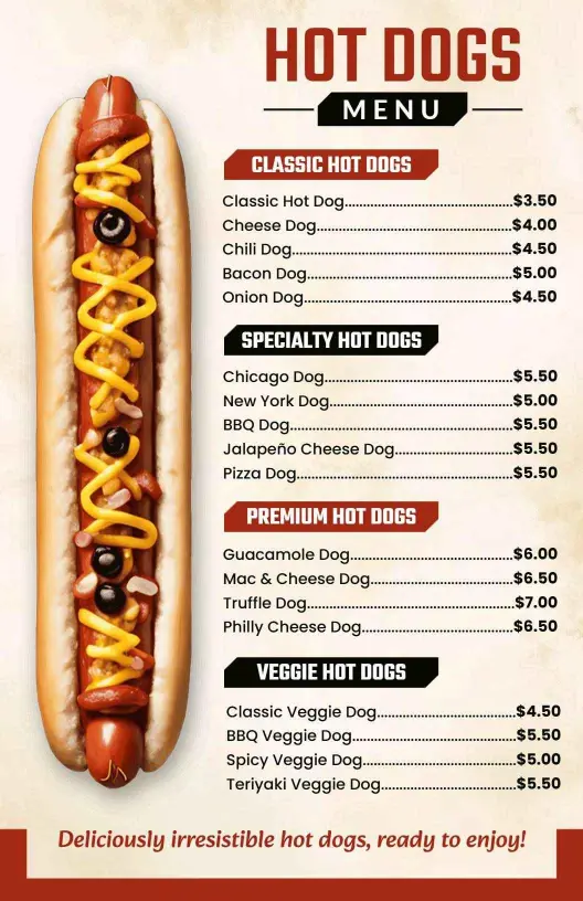 Variety of Spicy Veggie Hot Dogs Menu Template