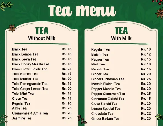 Variety of Traditional and Herbal Teas Offered Tea Menu Template