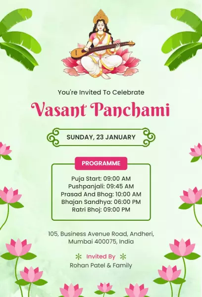 Vasant Panchami Celebration Festival Invitation Template