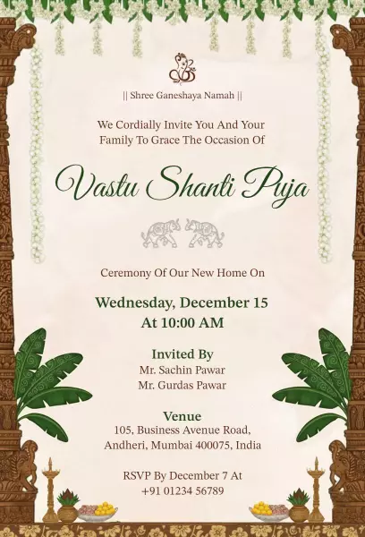 Vast Shanti Pooja New Home Blessing Invitation Template