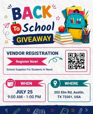 Vendor Registration Event for Back to School Supplies Flyer Template