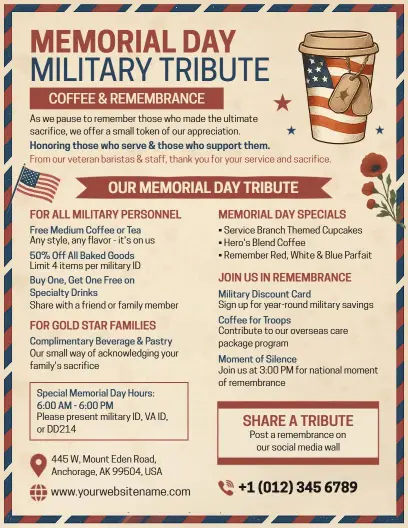 Veteran Appreciation Memorial Day Coffee Shop Flyer Template