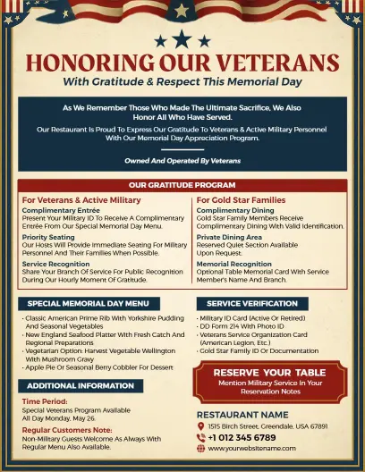 Veteran Appreciation Memorial Day Dining Menu Flyer Template
