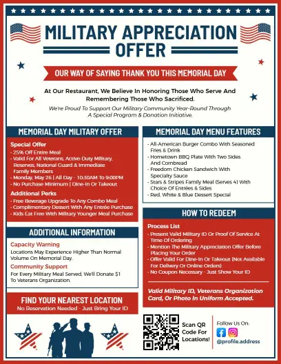 Veteran Appreciation Memorial Day Restaurant Flyer Template