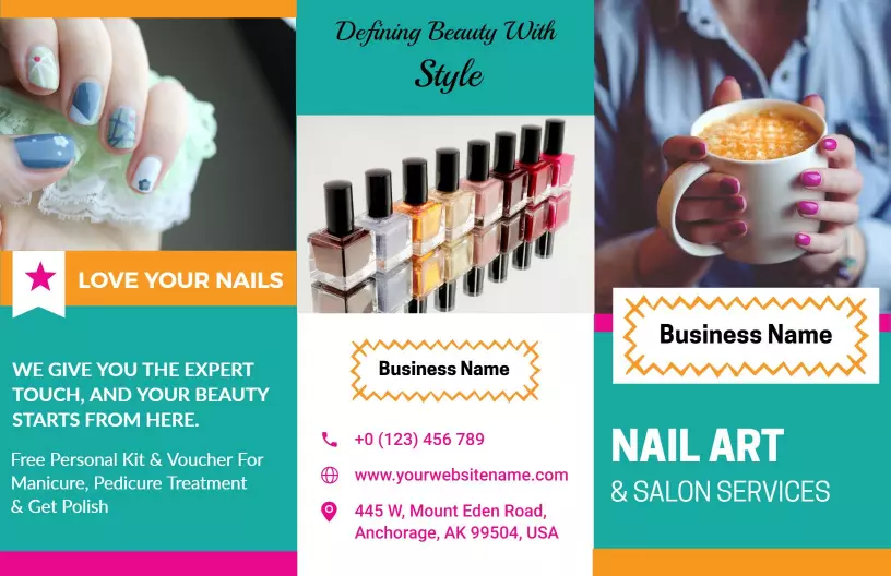 Vibrant Aqua Nail Art and Salon Services Brochure Template