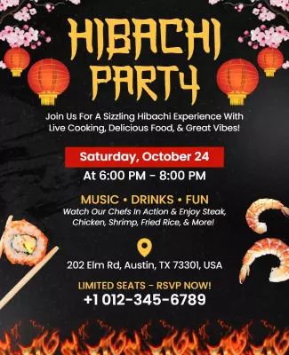 Vibrant Asian Hibachi Party with Lanterns and Food Poster Template