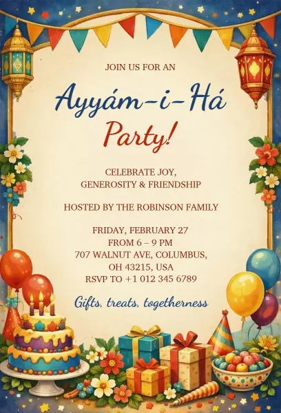 Vibrant Ayyám-i-Há Joyful Celebration Festival Invitation Template