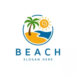 Vibrant Beach Scene with Palm Tree and Sun Logo Template