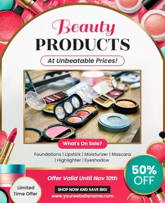 Vibrant Beauty Products Sale with Makeup Display Poster Template