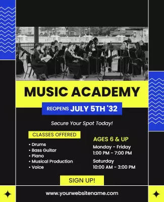 Vibrant Black and Yellow Music Academy Classes Enrollment Poster Template