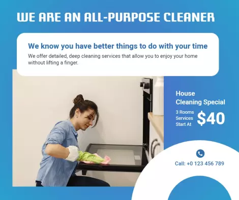 Vibrant Blue All-Purpose House Cleaning Service Promotion Ad Template